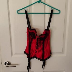 Elegant Vintage Red Satin and Black Lace Bra